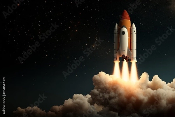 Fototapeta Rocket launches into the starry night sky, igniting clouds with powerful flames and excitement