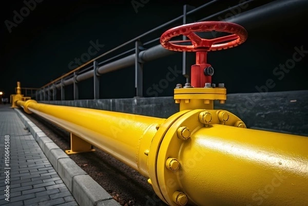 Fototapeta A close-up view of a bright yellow industrial gas pipeline with a red valve, surrounded by an outdoor industrial environment