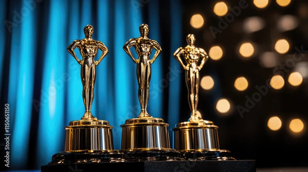 Fototapeta Three golden Oscar statues elegantly displayed on a pedestal
