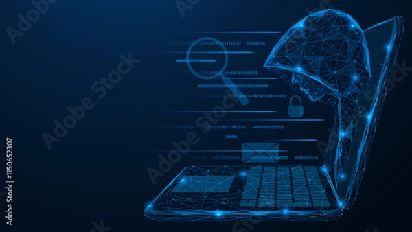 Fototapeta Hacker data theft. A hooded man watches from a laptop screen. Polygonal design of interconnected lines and dots. Blue background.