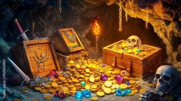 Fototapeta Cave with treasure, pile of gold coins, jewelry and gem. Vector cartoon illustration of treasury in rock mine with wooden chest full of riches, swords, torch and skull