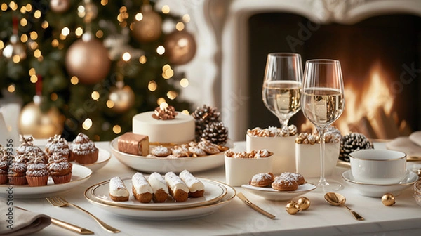 Fototapeta A detailed close-up of a Christmas table filled with holiday treats, fine wine glasses, and elegant plates, with a blurred background of a fireplace, shimmering tree lights, and go
