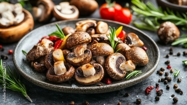 Fototapeta Freshly Grilled Mushrooms with Herbs on Rustic Plate