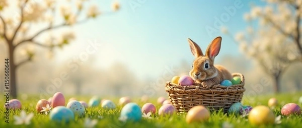 Fototapeta A cheerful bunny resting in a basket amid scattered colorful Easter eggs in a sunny meadow surrounded by blossoming trees, embodying the joy and renewal of springtime celebrations.

