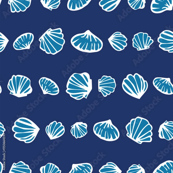Fototapeta Mussel seamless repeat pattern. Horizontal lined, hand drawn sea shell aop all over surface print on blue background.