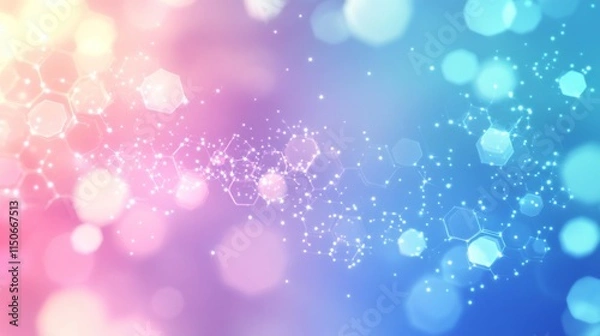 Fototapeta Blue pastel medical and tech background with hexagon pattern and bright sparkles. Realistic vector abstract bg with honeycomb geometric cell texture for medicine and science technology design.