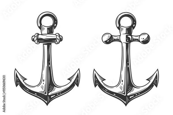 Fototapeta Set of vintage anchors isolated on white background. Engraved retro anchor with rope. Vector illustration