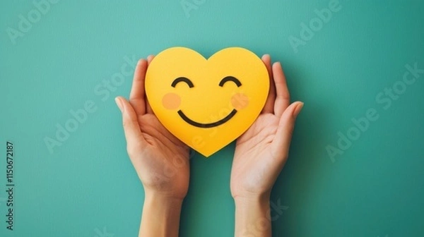 Fototapeta paper cut smiley face in hands make heart symbol for protection around on green background. positive thinking, mental health, assessment, world mental health day concept