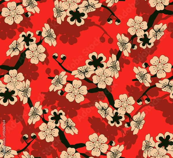 Obraz a Japanese style seamless tile with a cherry tree branch and flowers pattern in black, red and ivory