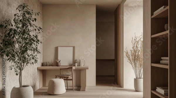 Fototapeta A modern home office with a sleek, minimalist design. A smooth wooden desk serves as the focal point, adorned with carefully chosen decorative items such as a small vase, a lamp, and a few books. 