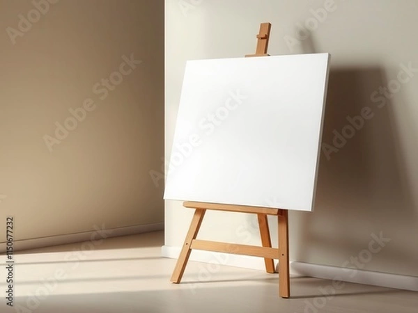 Fototapeta A wooden easel with a large blank canvas leaning against a wall, with empty space and simple lines around it, minimalist decor, artistic equipment