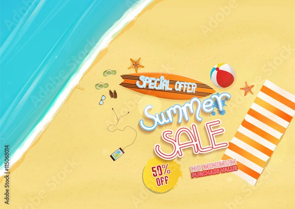 Fototapeta summer sale background design, with text and beach objects,


