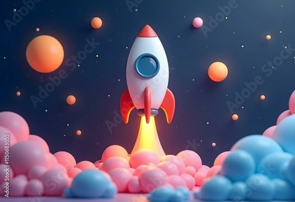 Fototapeta Flying space rocket in space around the planets. Spaceship launch. Rocket 3d icon. Realistic creative conceptual symbols. Logo ship. Launch business product on market. Vector illustration
