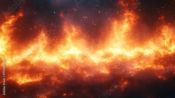 Fototapeta Flames dancing fiercely with smoke rising under a turbulent cloudy background wallpaper image