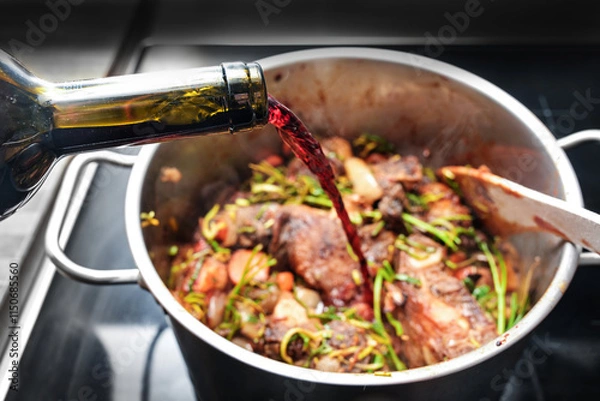 Fototapeta Pouring red wine into a stainless steel pot to deglaze the roasted ingredients such as meat, vegetables and herbs, cooking a tasty stew, selected focus