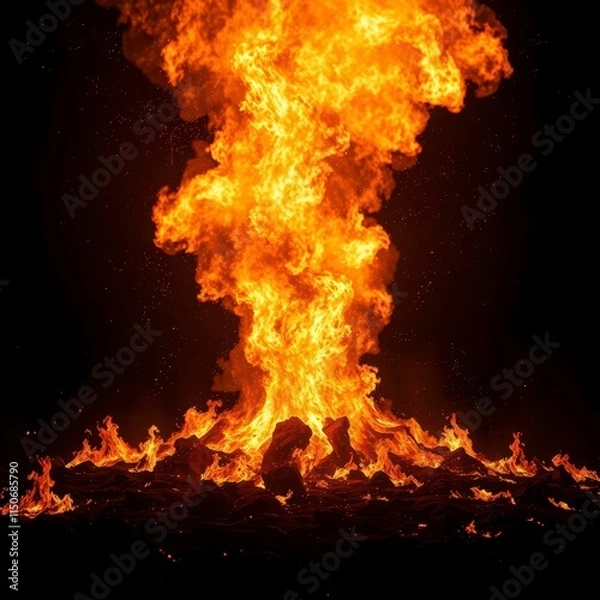 Fototapeta A raging fire crackling with flames on a dark black background with sparks and embers flying everywhere, wildfire, inferno, passion