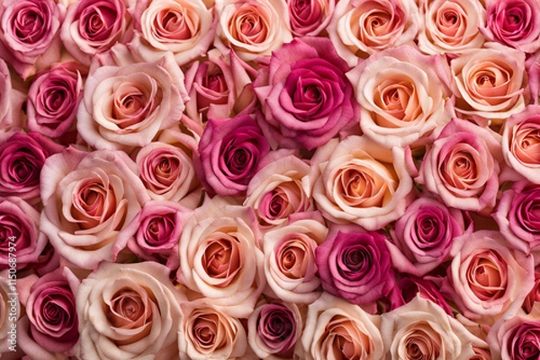 Fototapeta Vibrant Multicolored Roses Floral Background, A lush arrangement of multicolored roses in shades of white, peach, pink, and red, creating an elegant and romantic floral pattern