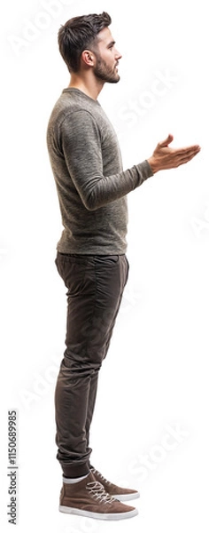 Fototapeta A side view of a man wearing a sweatshirt and brown pants, isolated over transparent background, PNG cut-out
