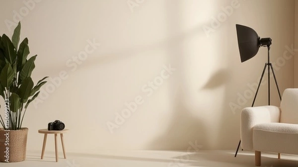 Fototapeta A minimalist interior featuring a potted plant, a camera, a tripod lamp, and a light-colored sofa against a plain wall.