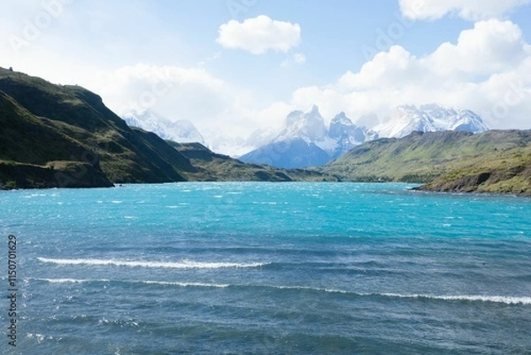 Fototapeta Turquoise Lake and Snow-Capped Mountains in Chile