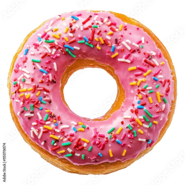 Fototapeta A vibrant pink frosted donut topped with colorful sprinkles, isolated on transparent background