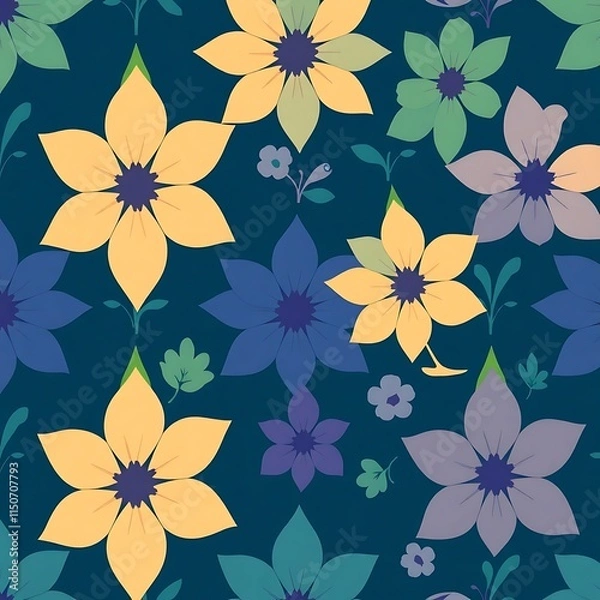 Fototapeta Floral Symphony: A captivating seamless pattern of stylized flowers in soft pastel hues on a deep teal background. Perfect for textile design, wallpaper, and more.