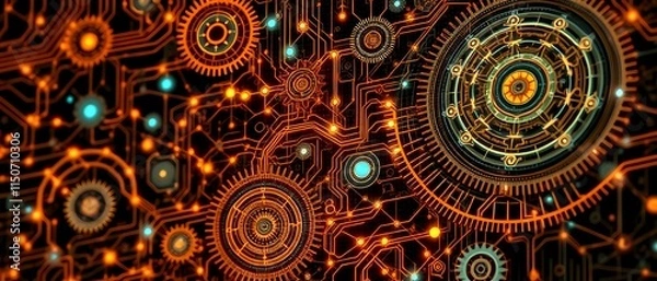Fototapeta Intricate Circuit Board Design with Interlocking Orange & Blue Nodes