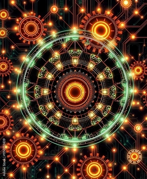 Fototapeta Glowing Cybernetic Art Nouveau Scene with Interlocking Gear Patterns