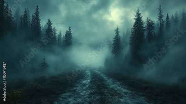 Fototapeta A misty forest road surrounded by tall trees, evoking a mysterious and eerie atmosphere.