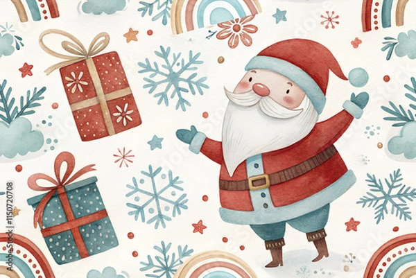 Fototapeta Seamless watercolor pattern with Santa Claus, gifts, snowflakes, and rainbows on light background
