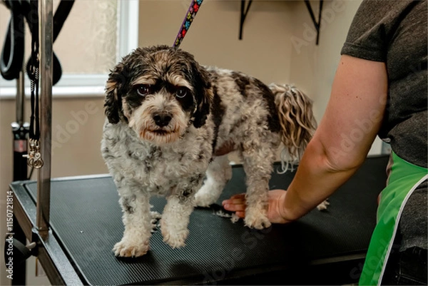 Obraz Small black and white dog stood on a grooming table being groomed