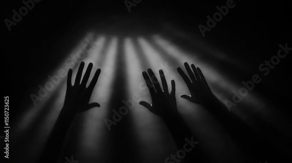 Fototapeta Shadow hands reaching for light rays symbolizing aspiration and hope