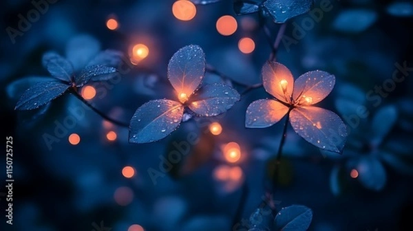Fototapeta Illuminated Dewy Flowers Glowing In The Night