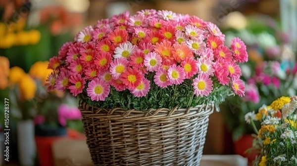 Fototapeta Vibrant bouquet of spring flowers in a basket set against a lush garden background