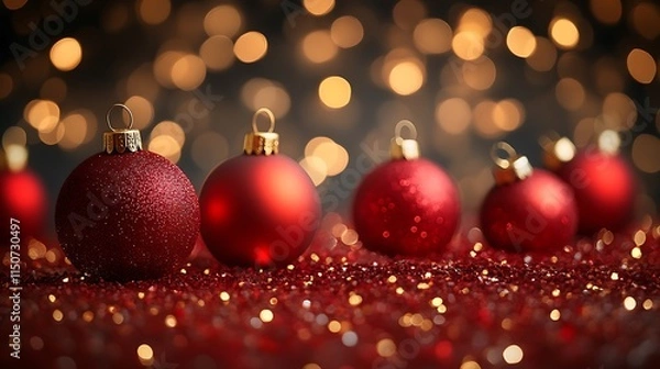 Fototapeta Red Christmas Ornaments Resting On Sparkling Glitter