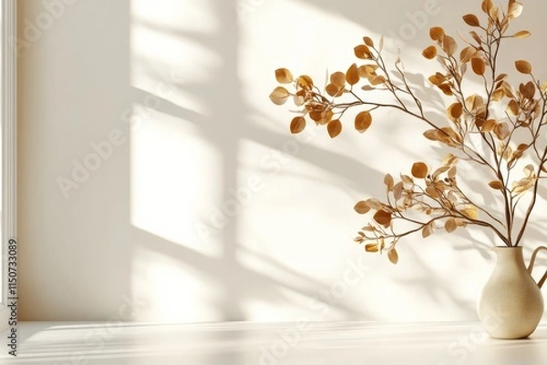 Fototapeta Elegant branch with dried leaves in a ceramic vase on a sunlit windowsill creating warm shadows in a serene indoor space