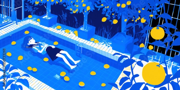 Obraz 柚子湯に浸る少女。水彩画。挿絵、イラスト。