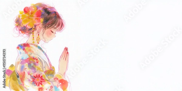 Obraz 着物姿で初詣に来少女。イラスト。水彩画。