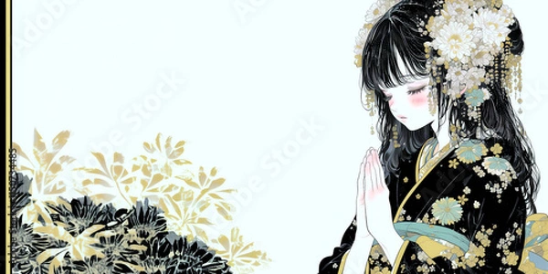 Obraz 着物姿で初詣に来少女。イラスト。水彩画。