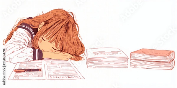 Obraz 受験勉強を頑張りすぎて寝ちゃった少女。イラスト。水彩画。