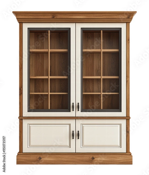 Fototapeta Wooden display cabinet with glass-paneled doors, featuring multiple interior shelves, a contrasting cream finish, black handles, and a lower section with two closed storage compartments, isolated