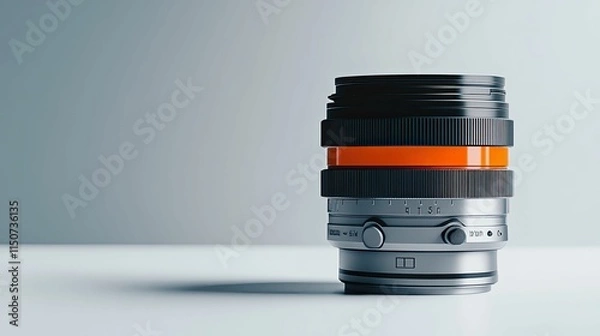 Fototapeta Silver camera lens, orange ring,  clean background.
