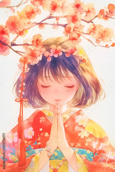 Obraz 着物姿で初詣に来少女。イラスト。水彩画。