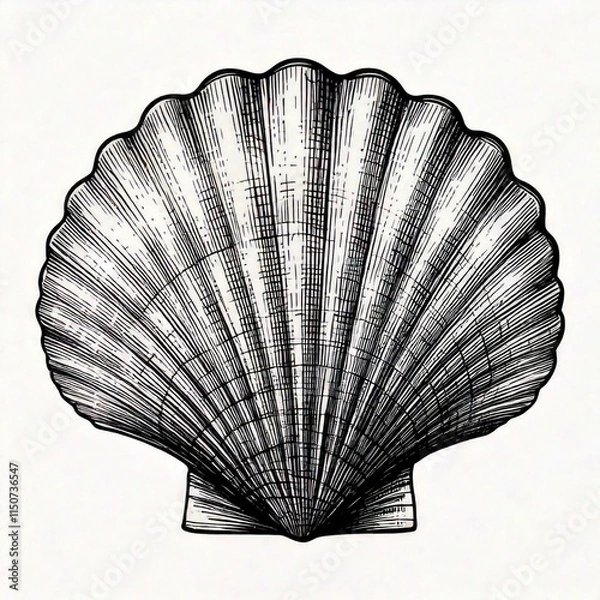 Fototapeta Vector Seashell. Hand drawn illustration of sea Shell on isolated background. Drawing of Scallop on outline style. Sketch of Cockleshell painted by black ink. Underwater line art for icon or logo.