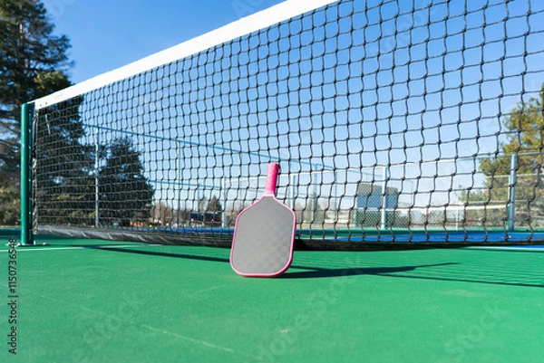 Fototapeta Low-angle view of pickleball paddle leaning against net of an outdoor pickleball court