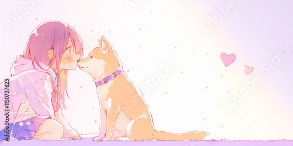 Obraz 柴犬と戯れる少女。水彩画。イラスト。挿絵イラスト