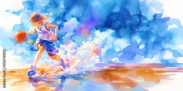 Obraz バスケットボール好きの少女。水彩画。イラスト。