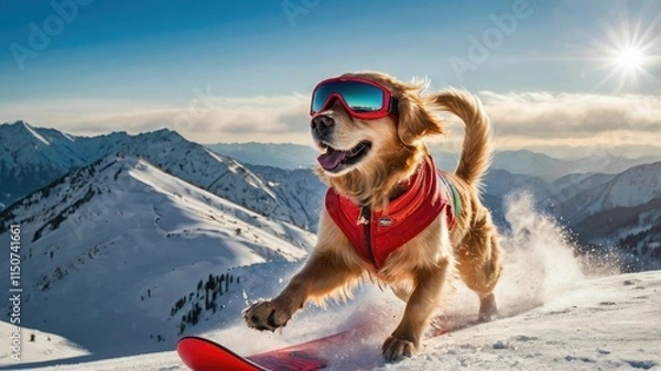 Fototapeta A funny dog in a ski suit and goggles rides a snowboard down the mountain, showing style and speed!
