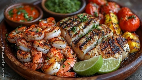 Fototapeta A gourmet tropical seafood platter with cooked crab, grilled fish fillets, and sautÃ©ed shrimp, served with a side of roasted tropical vegetables and lime wedges