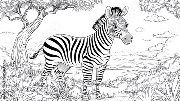 Fototapeta Cartoon Zebra Resting Under Tree - Children's Coloring Book Page